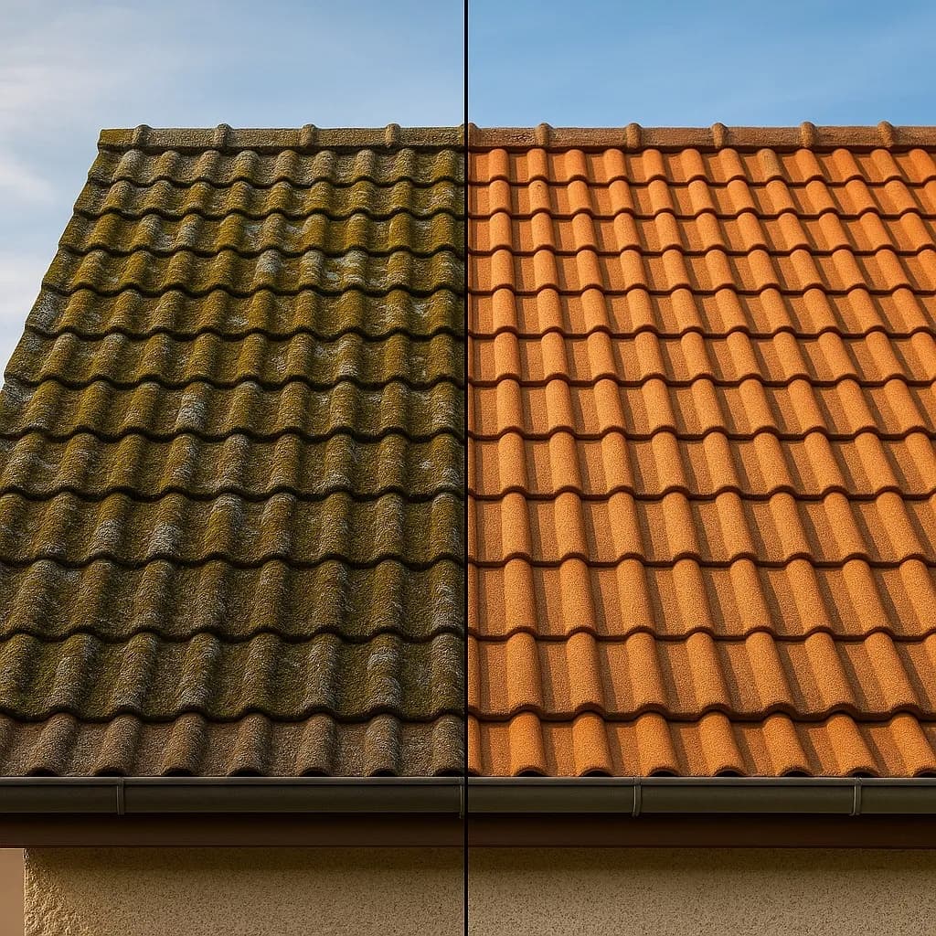 Ziegeldach vor und nach der Reinigung