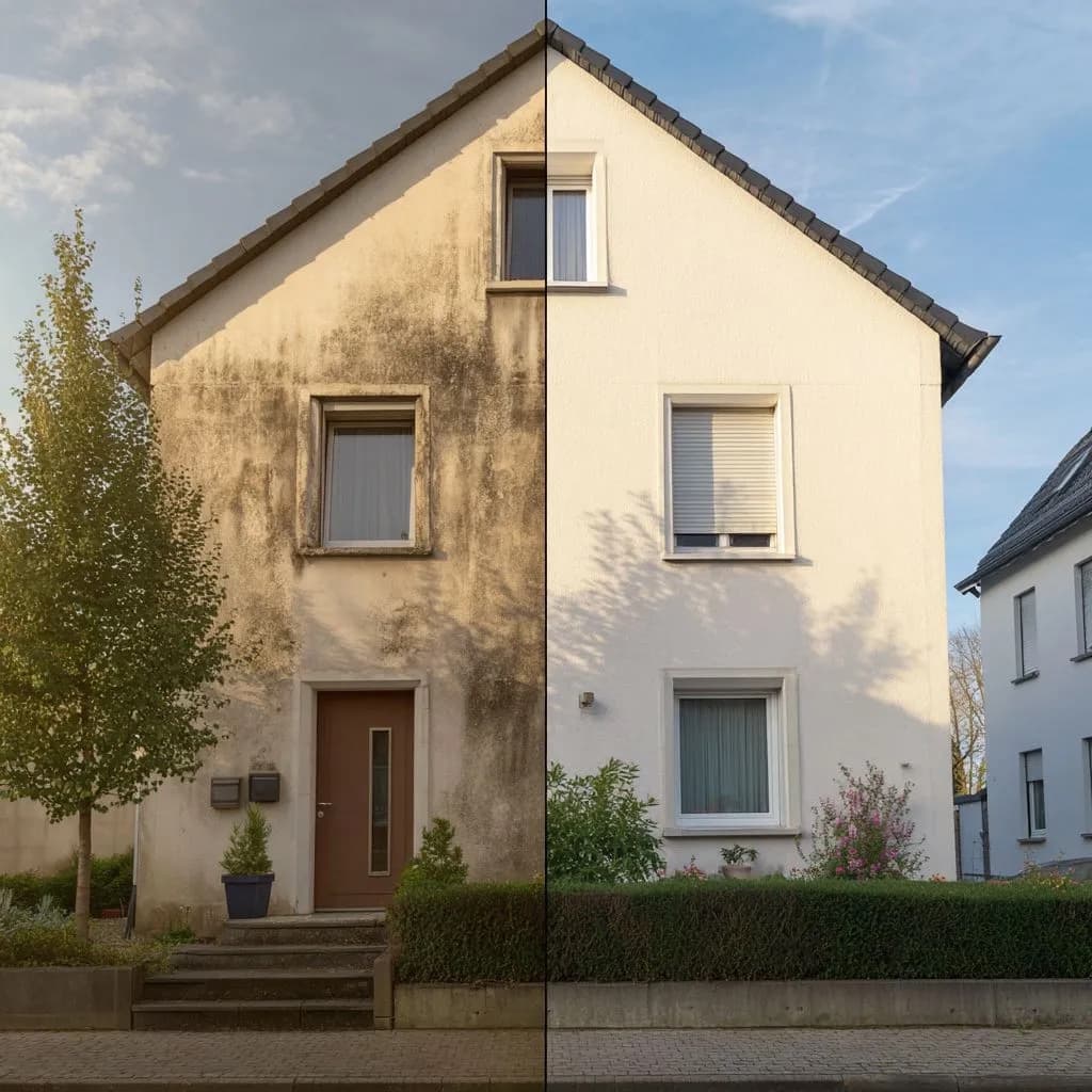Hausfassade vor und nach der Reinigung