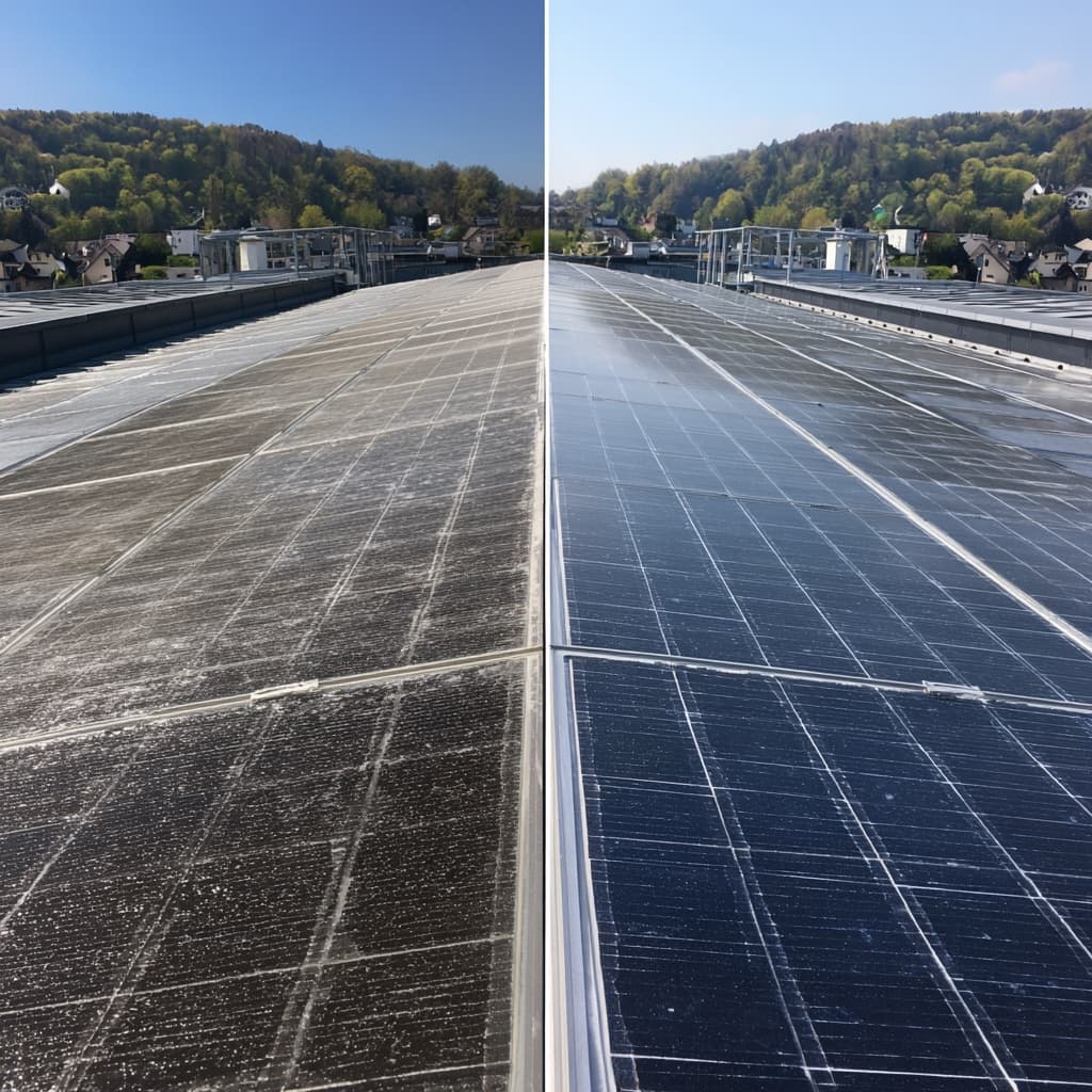 PV-Anlage vor und nach der Reinigung, links verschmutzt, rechts sauber